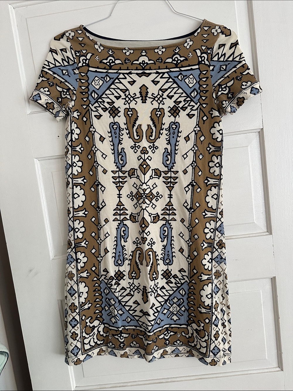 Tory Burch Cream, Brown & Light Blue Patterned Short Sleeve Shift Dress